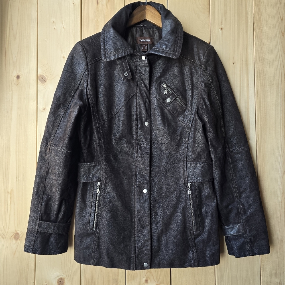 Danier Dark Brown Leather Zip Up Jacket Womens Small